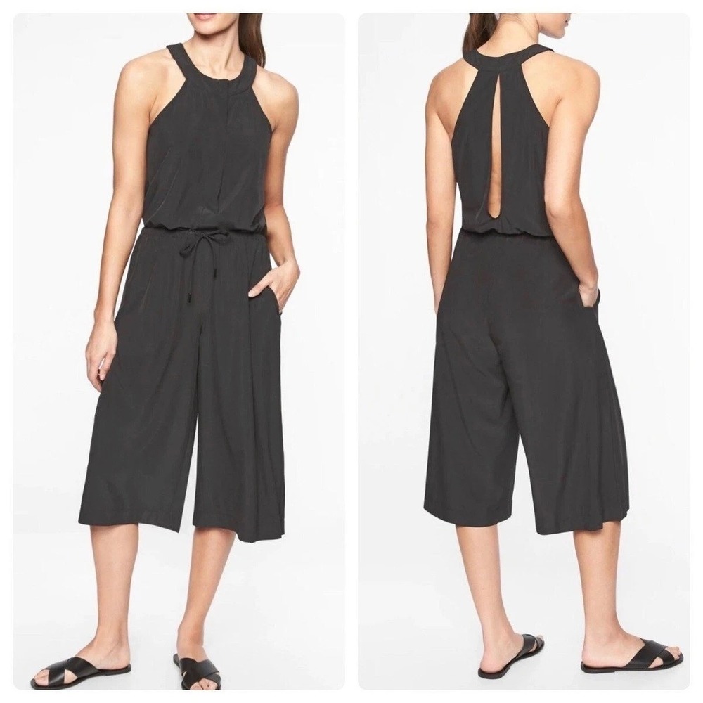 Athleta Mercer Romper Womens Size 8 Black Crop Length Wide Leg 363963 Athleisure